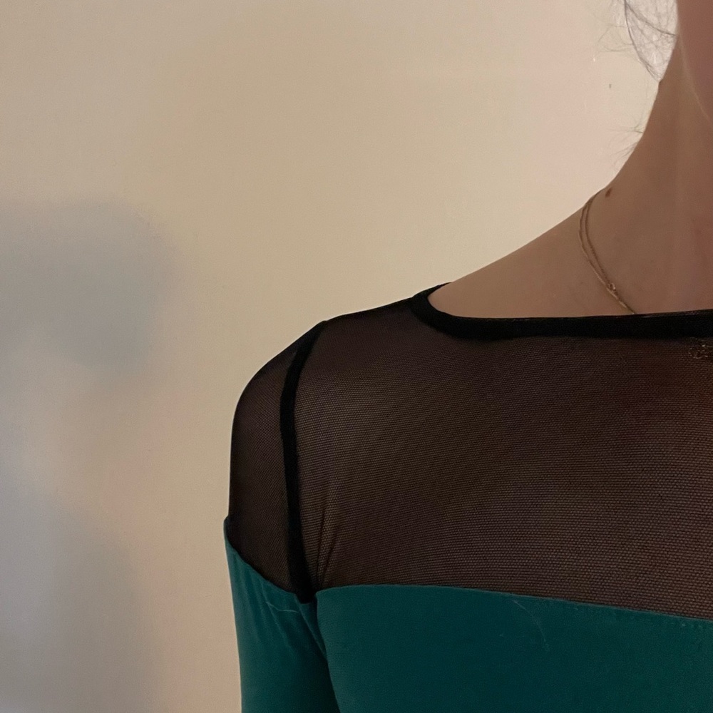 Joseph Ribkoff Teal and Black Mesh Yoke Blouse